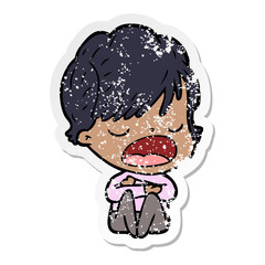 distressed sticker of a cartoon woman talking