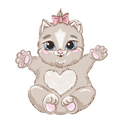 Cute Cartoon kitten girl with bow on a white background