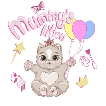 Cute Cartoon mummy's kitten with baloons on a white background