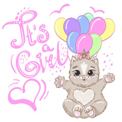 Obraz na płótnie Canvas Cute Cartoon mummy's kitten with baloons on a white background. Hand drawing lettering: It's a girl