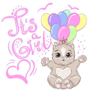 Cute Cartoon mummy's kitten with baloons on a white background. Hand drawing lettering: It's a girl