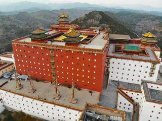 Aerial view of The Putuo Zongcheng Buddhist Temple, one of the Eight Outer Temples of Chengde,...