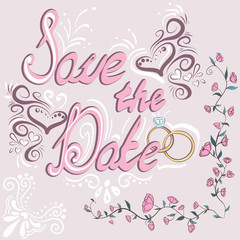 Save the date. Hand drawn lettering with flourish and spiral. Vector illustration
