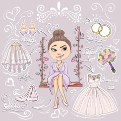 Collection of bride preparing for wedding ceremony. Set of preparations for marriage celebration day. Vector illustration in cartoon style.