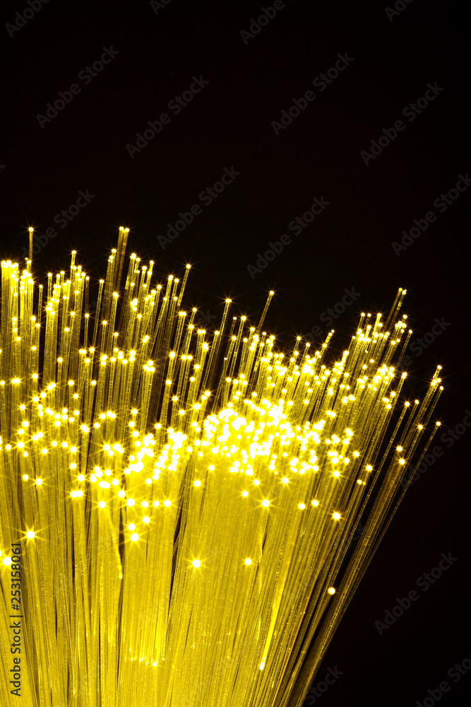 Wall mural Yellow fibre optic strands glowing against a black background