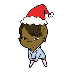 cute line drawing of a girl with hipster haircut wearing santa hat