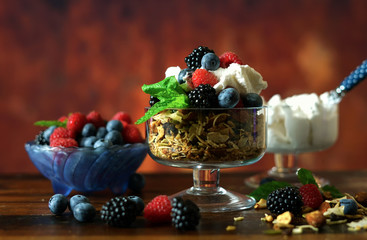 Grain free oat free paleo diet granola breakfast served with fresh seasonal berries, coconut milk, and coconut yoghurt.