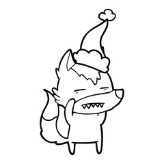 line drawing of a wolf showing teeth wearing santa hat