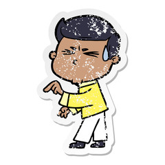distressed sticker of a cartoon man sweating