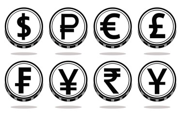 Collection of coins with black currency symbols. Vector illustration