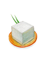 Souffle with greens on an orange plate. Color pencil drawing