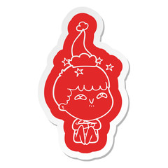 cartoon  sticker of a amazed boy wearing santa hat