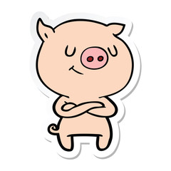 sticker of a happy cartoon pig with crossed arms