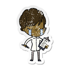 distressed sticker of a cartoon woman crying