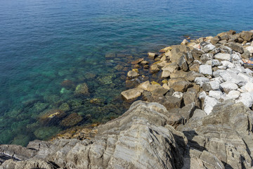 Italy,Cinque Terre,Riomaggiore, a close up of a rock near the ocean