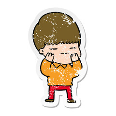 distressed sticker of a cartoon smug boy