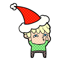 comic book style illustration of a curious man wearing santa hat