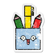 distressed sticker of a cute cartoon pencil pot