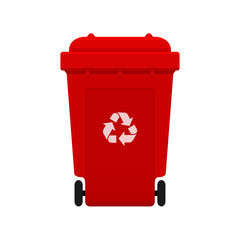 Bin, Recycle plastic red wheelie bin for waste isolated on white background, Red bin with recycle waste symbol, Front view of recycle wheelie bin red color for garbage waste