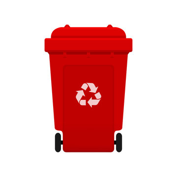 Bin, Recycle plastic red wheelie bin for waste isolated on white background, Red bin with recycle waste symbol, Front view of recycle wheelie bin red color for garbage waste