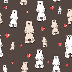 Vector illustration with stylish cartoon seamless pattern. Bear with hearts. brown white doodle style print design, childish ink background. for Wallpaper, Print, Textile Vector