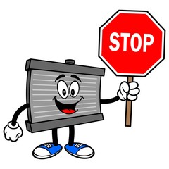 Radiator Mascot with a Stop Sign - A vector cartoon illustration of a motor radiator mascot with a Stop sign.