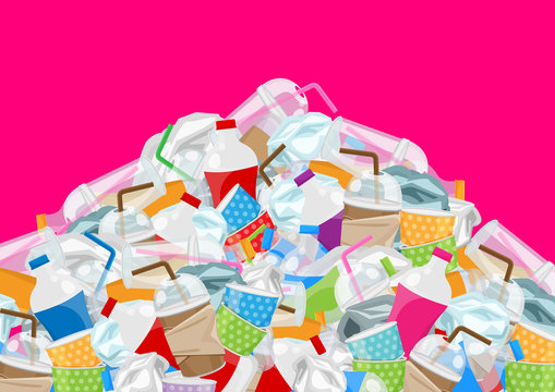 illustration of pile garbage waste plastic and paper in mountain shape isolated pink background, bottles plastic garbage waste many, stack of plastic bottle paper cup waste dump, pollution garbage