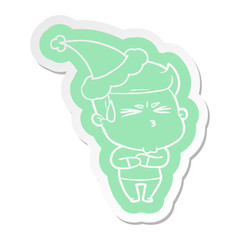 cartoon  sticker of a frustrated man wearing santa hat