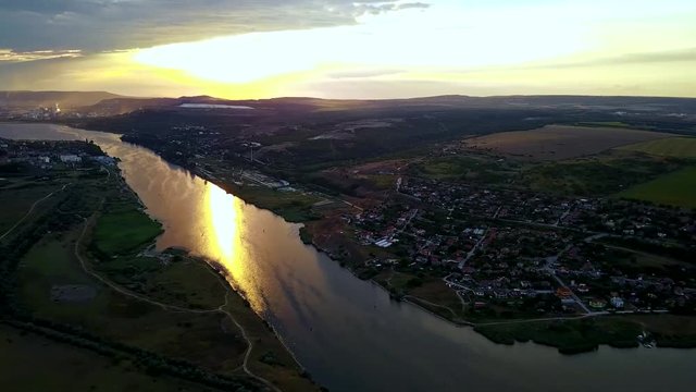 Aerial view of Varna lake during sunset with clouds
