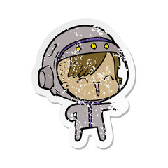 distressed sticker of a happy cartoon space girl