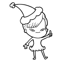cute line drawing of a girl with hipster haircut wearing santa hat