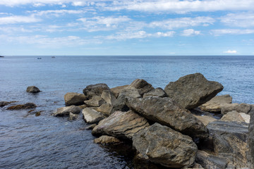 Fototapeta na wymiar Italy,Cinque Terre,Riomaggiore, a rocky shore next to a body of water
