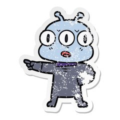 distressed sticker of a cartoon three eyed alien