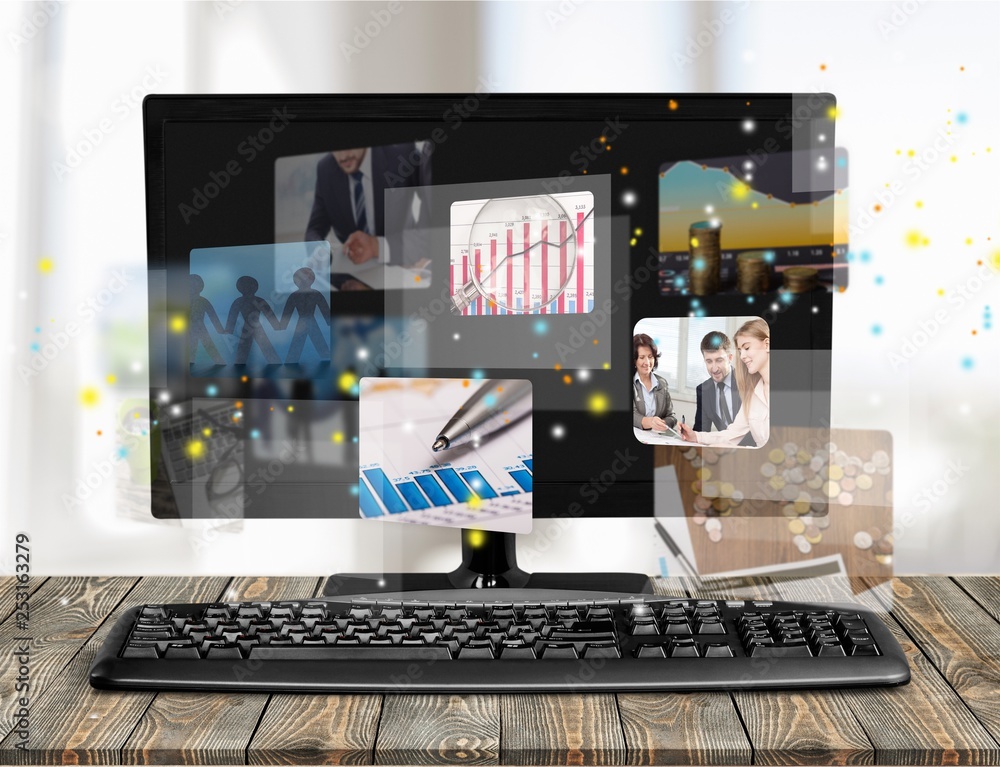 Poster desktop computer and keyboard on background