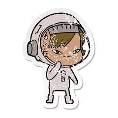 distressed sticker of a cartoon astronaut woman