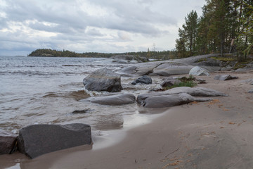Windy spring day on the shore of Lake Ladoga.
