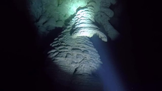 Underwater rock formations or stalactites knows as Hell's Bells at the Zapotec cenote, Mexico.
