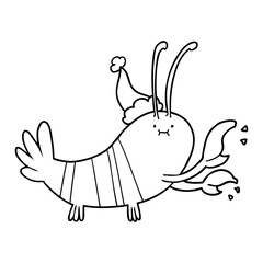 line drawing of a lobster wearing santa hat