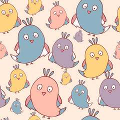 Seamless pattern with doodle Funny birds with. vector template.Hand drawn illustration.Cute cartoon birds.Modern minimal texture for kids textile, fabric, paper Wallpaper, Print,