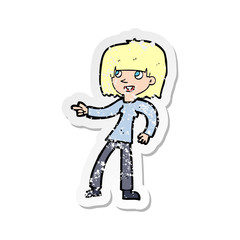 retro distressed sticker of a cartoon girl pointing
