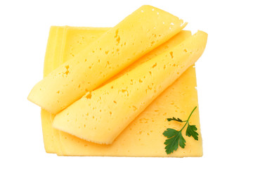 cheese slices with parsley isolated on white background. top view