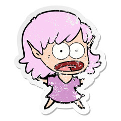 distressed sticker of a cartoon shocked elf girl