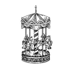 Vintage carousel with horses. Sketch. Engraving style. Vector illustration. . © KseniaKrop