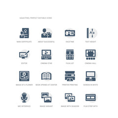 simple set of icons such as film strip with a triangle inside, image with shadow interface, image variant, mic interface, screen in white, printer printing squares, book opened at center, image of a