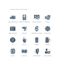 simple set of icons such as add to favorite, question mark, one hund, unlink, compose, rubbish, point at, cf, gear option, disconnected chains. related ui icons collection. editable 64x64 pixel