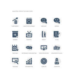 simple set of icons such as jamaican, turn off, information, tracking, newspaper folded, news reporters, recording conversation, timetable, to do, height. related ui icons collection. editable 64x64