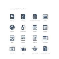 simple set of icons such as remove right frame, move arrows, hall, trash bin, elections, task list, answer, mesh, metrize, indent. related ui icons collection. editable 64x64 pixel perfect.