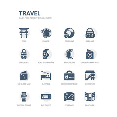 simple set of icons such as brochure, itinerary, bus ticket, control tower, waterpark, secure briefcase, sleeping, unfolded map, unfolded map with location mark, basic moon. related travel icons