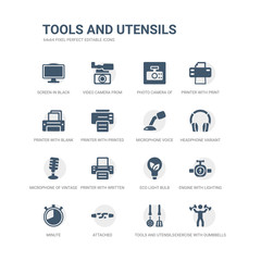 simple set of icons such as exercise with dumbbells, tools and utensils, attached, minute, engine with lighting bolt, eco light bulb, printer with written paper, microphone of vintage de, headphone