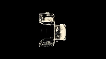 Old fashioned photo camera hologram rotating on black background. Yellow camera wireframe spinning and falling apart into the dust.
